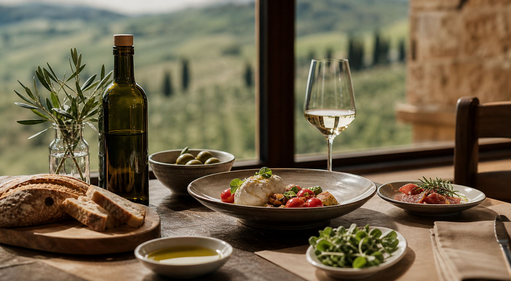Tavola premium con piatto, vino e ingredienti territoriali