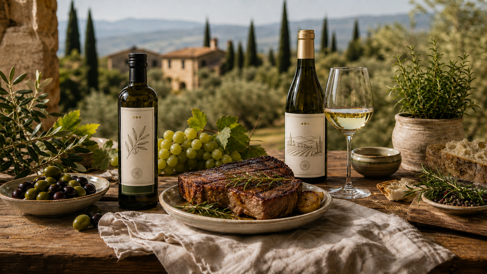 Olio, vino e carne su tavola premium
