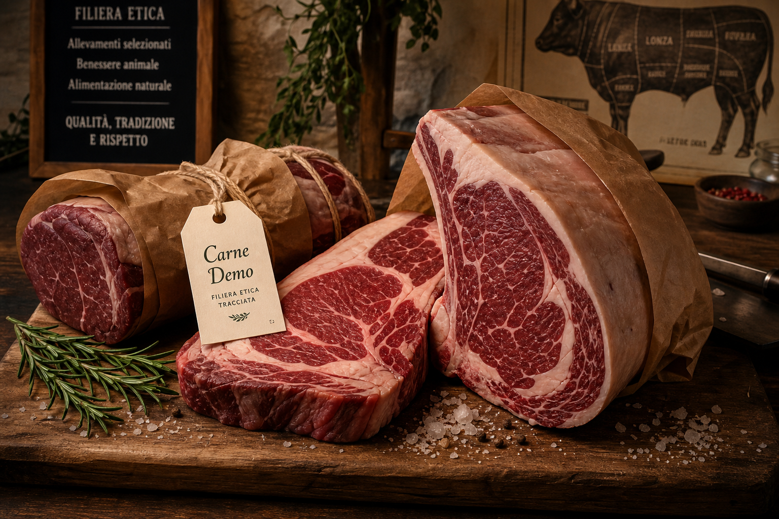 Tagli di carne demo su banco artigianale