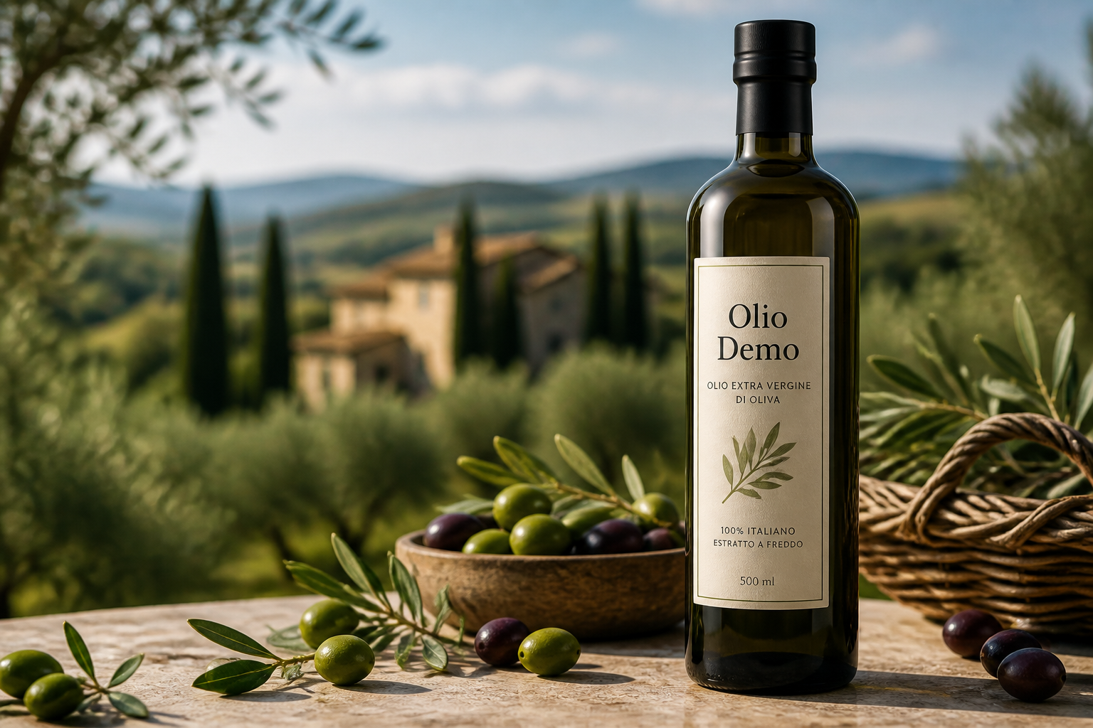 Bottiglia demo di olio extravergine con olive