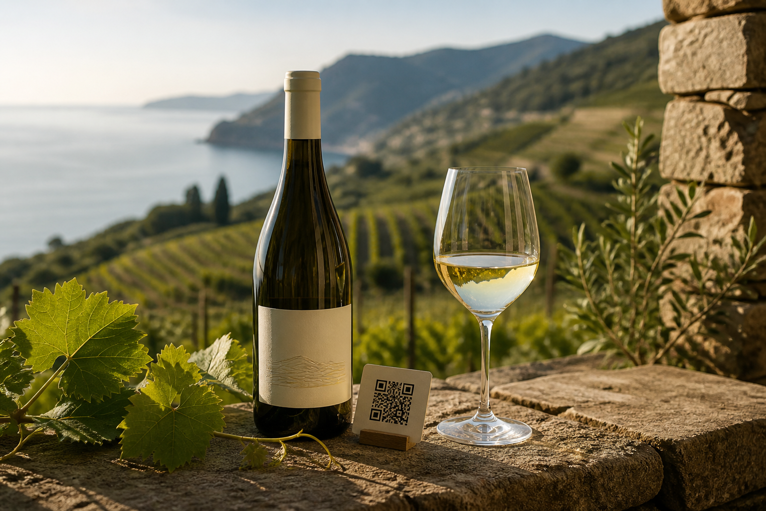 Bottiglia demo di vino bianco ligure con vigneti sul mare