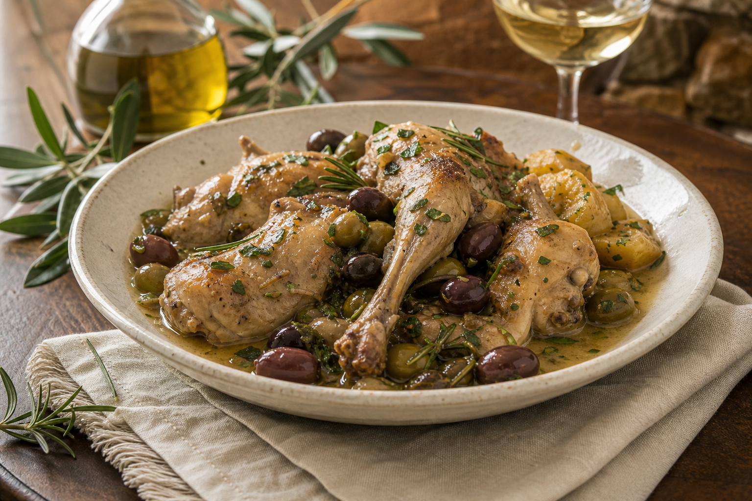 Coniglio alla ligure con olive ed erbe